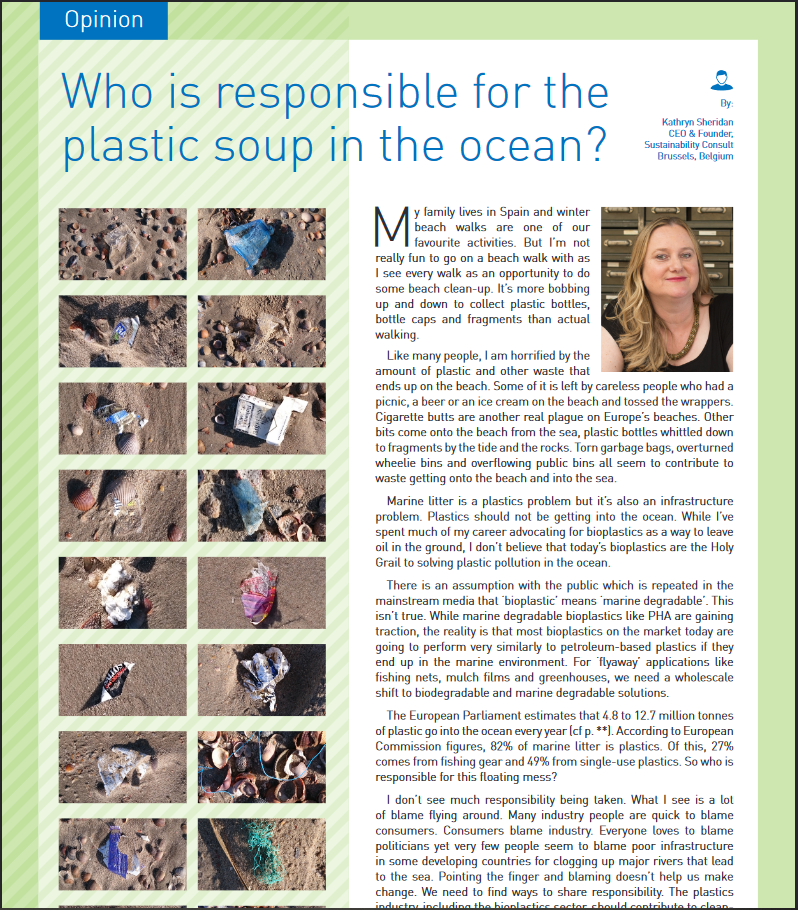 Kathryn Sheridan opinion piece on marine littering in Bioplastics Magazine June 2020
