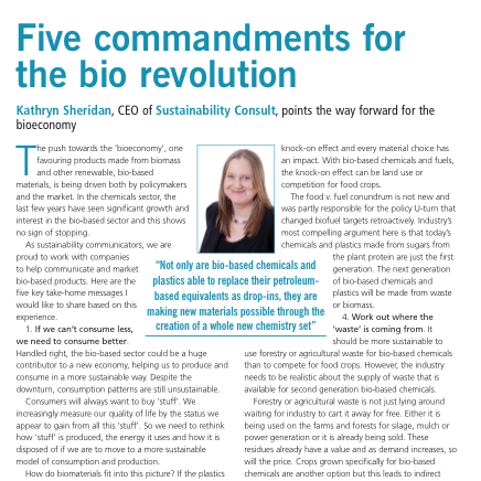 Kathryn Sheridan 'Five Commandments for the Bio Revolution' in Speciality Chemicals Magazine May 2013