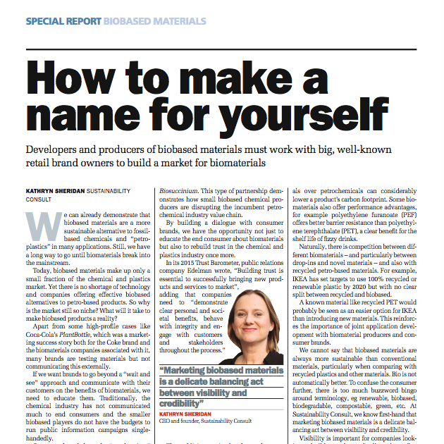 Kathryn Sheridan 'How to Make a Name for Yourself' in ICIS Chemical Business December 2015