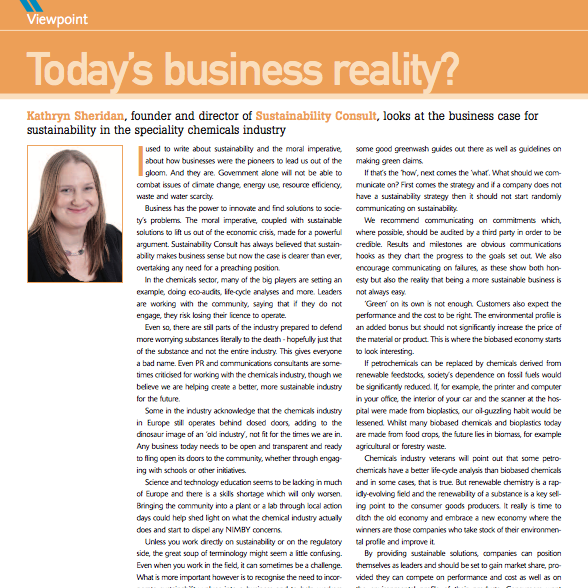 Kathryn Sheridan 'Today's Business Reality?' Speciality Chemicals Magazine July 2011