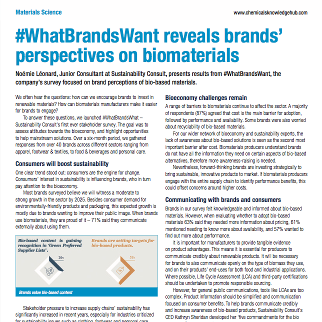 Noémie Léonard '#WhatBrandsWant reveals brands’ perspectives on biomaterials' in Chemicals Knowledge Hub April 2018